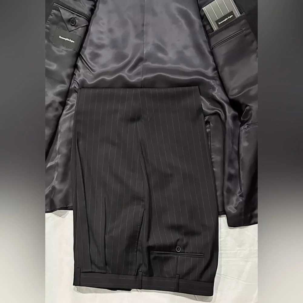 $2450 NEW IMPERFECT 58 46 R/L ERMENEGILDO ZEGNA SUIT BANKERS NAVY PINSTRIPE